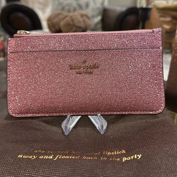 Authentic ♠️ Kate Spade NY Large Slim Cardholder in Glitter Mixed Mitten Pink